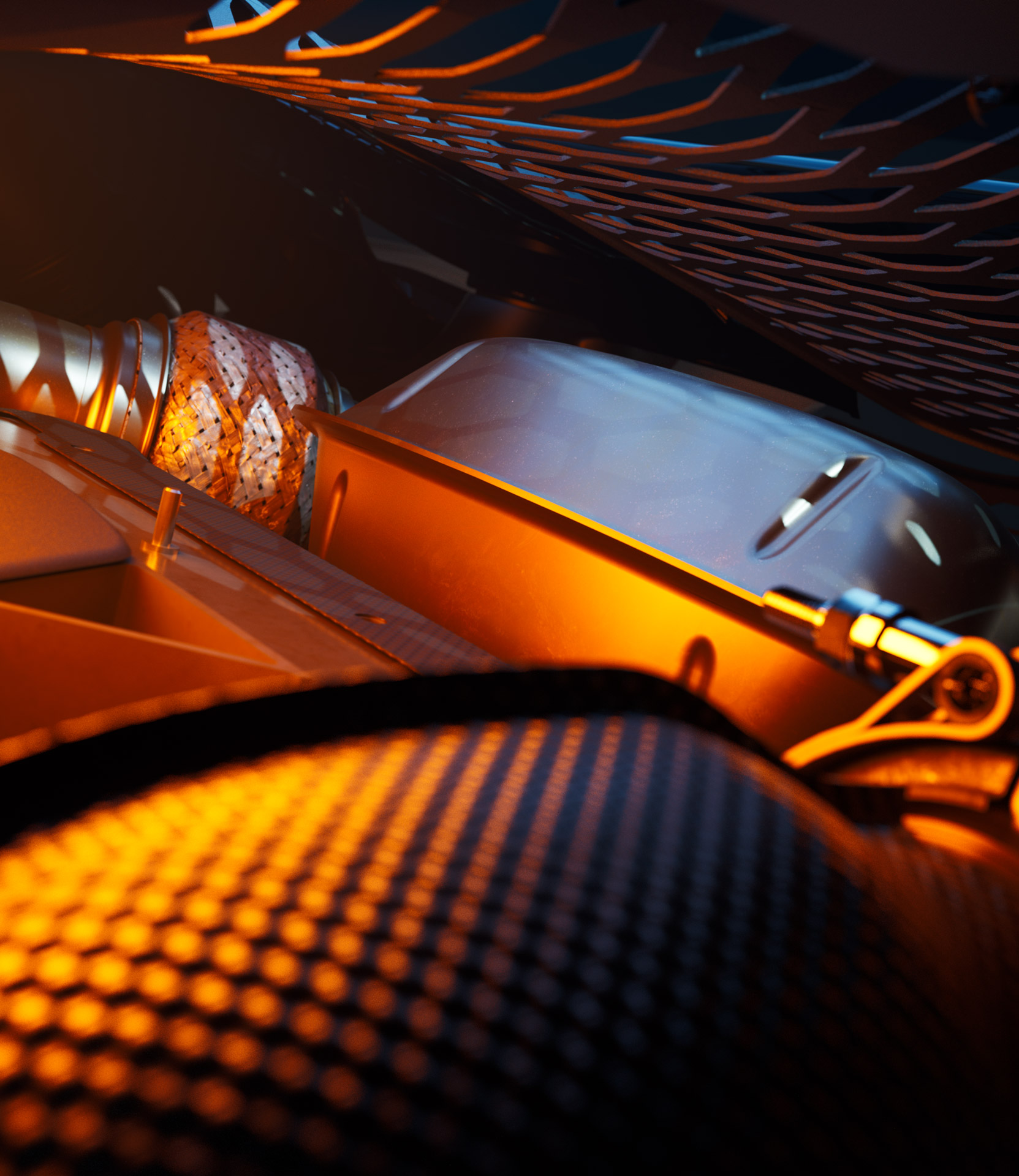 A close-up, artistic shot of a McLaren's engine bay, highlighting intricate components, metallic pipes, and a carbon fiber heat shield with an orange glow from internal lighting.
