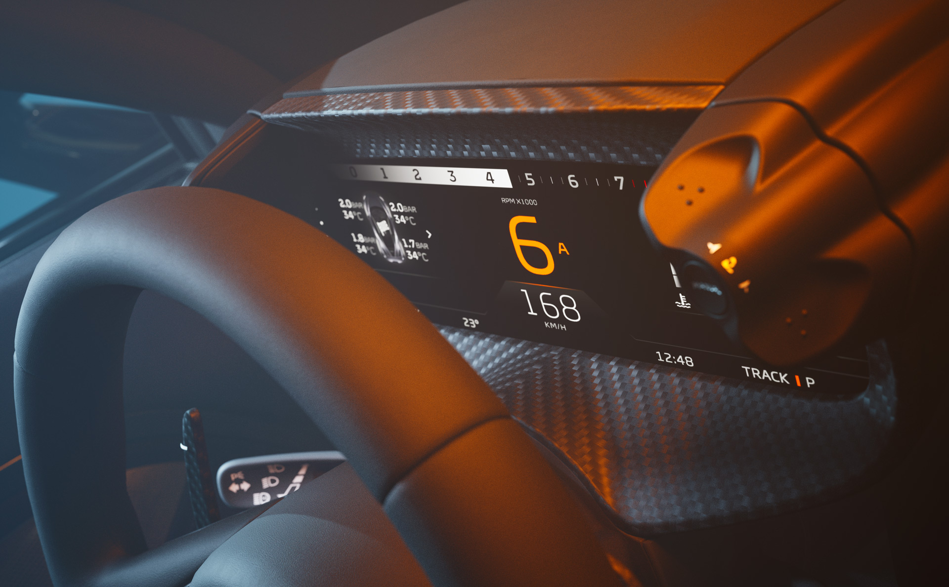 A close-up of a McLaren's digital dashboard and infotainment screen, showing the speedometer at 168 km/h, the gear indicator in 6th, and the car's engine performance data.