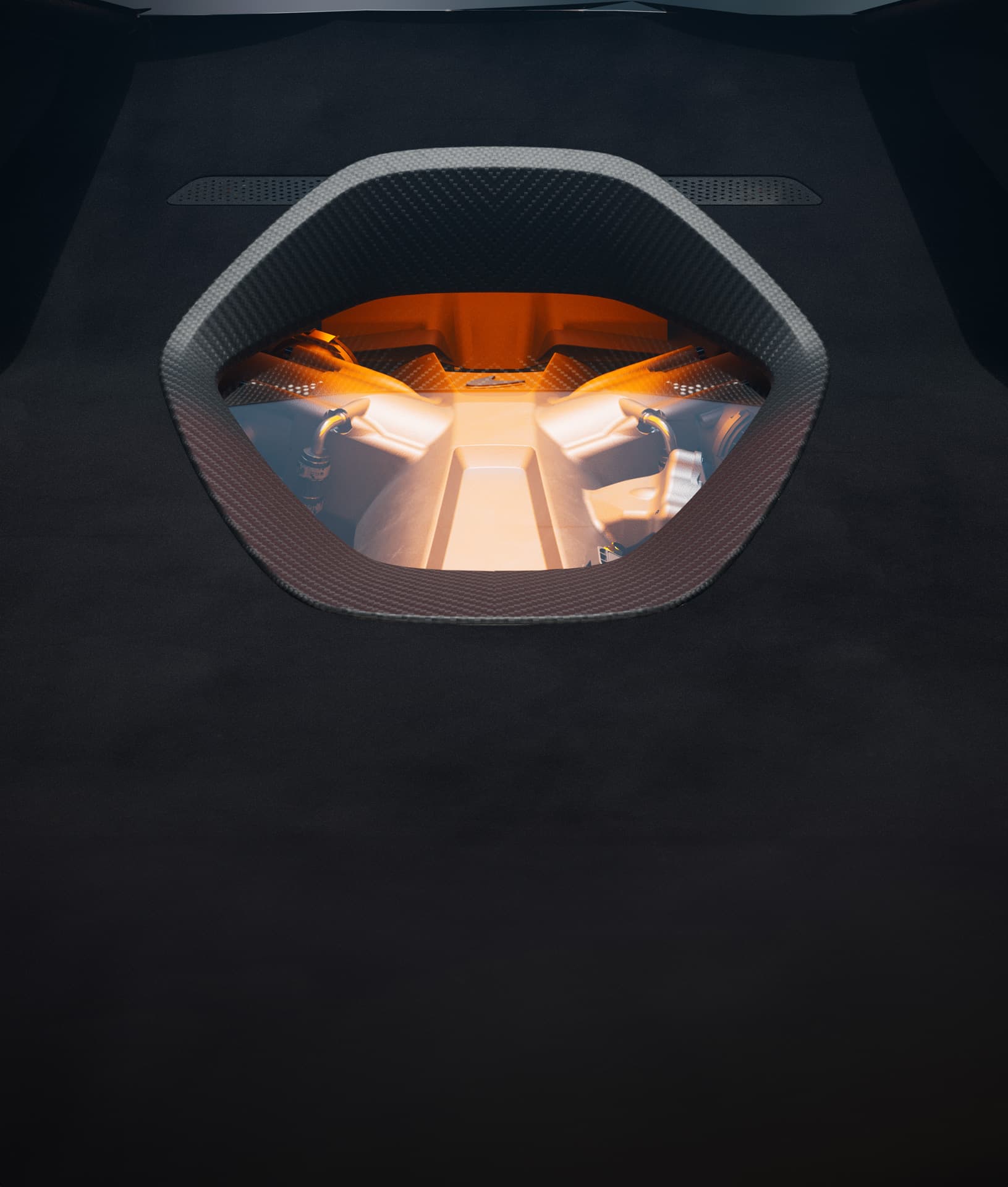 A close-up of a McLaren's rear engine cover, showing a unique elliptical window that provides a glimpse of the glowing orange V8 engine beneath, framed by carbon fiber and Alcantara.