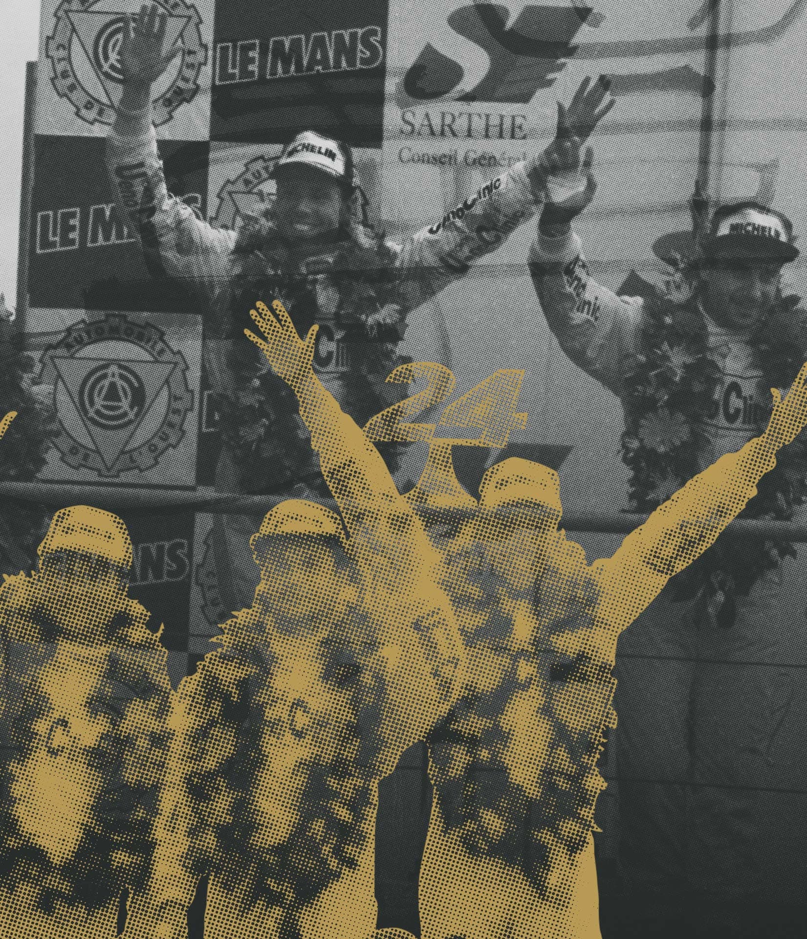 A vintage, stylized image with a halftone effect, showing three Le Mans winning drivers on the podium raising their arms in victory, celebrating the 24 Hours of Le Mans win.
