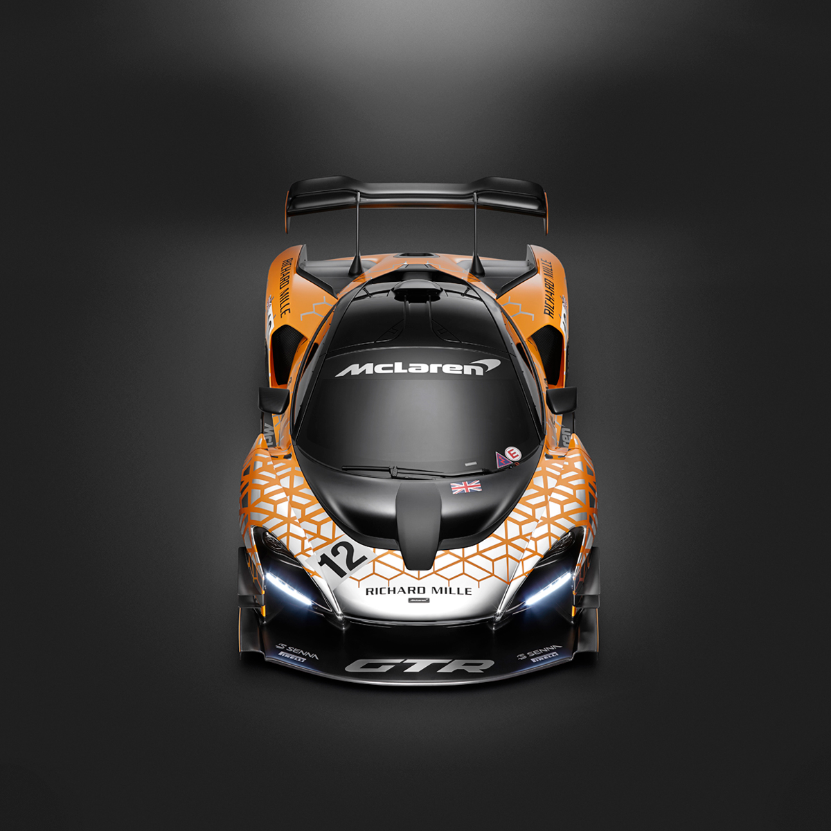 Front ariel view of the McLaren Senna GTR Concept car, photographed in a dark studio environment.