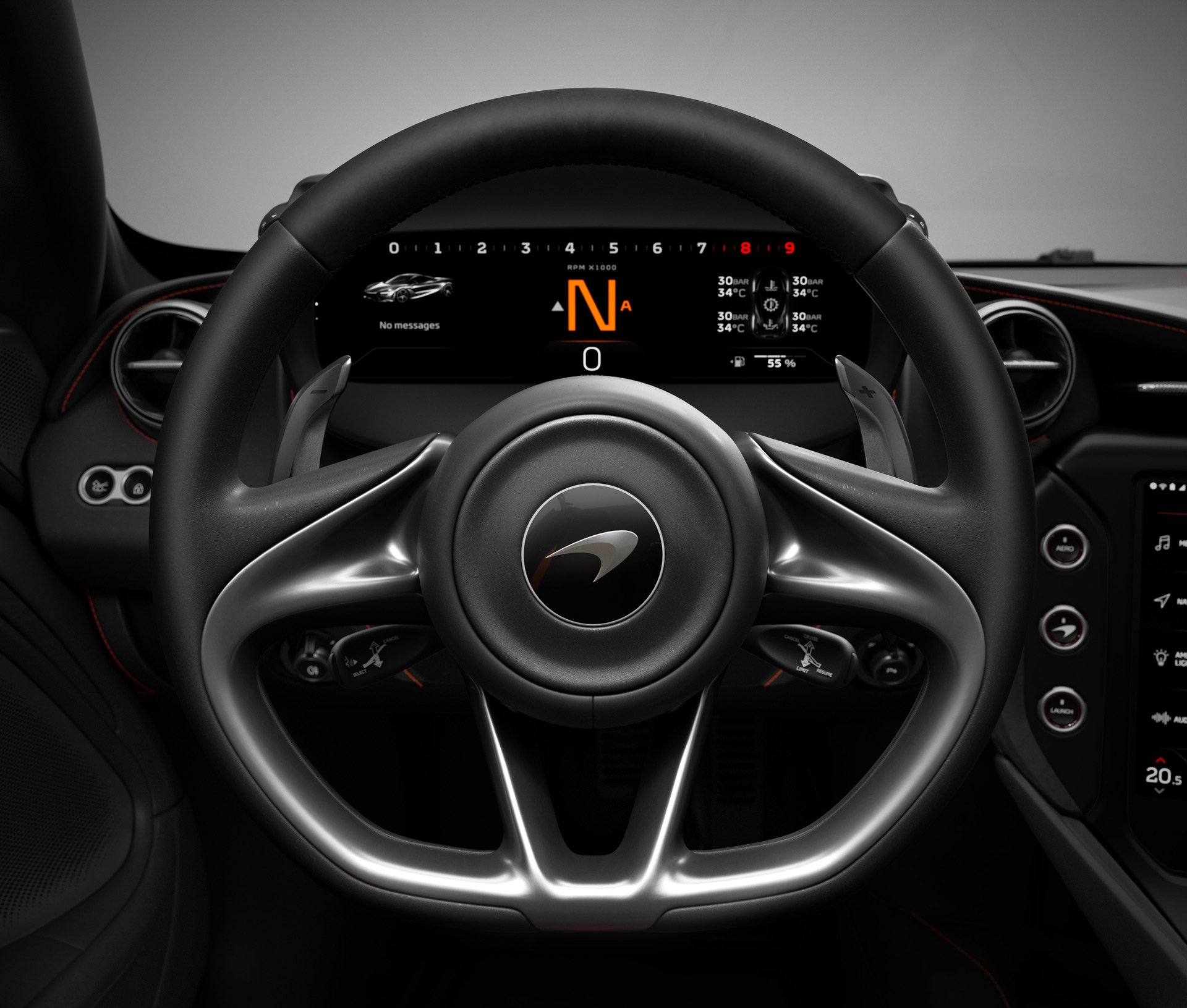 Close up on McLaren 750S Spider steering wheel.