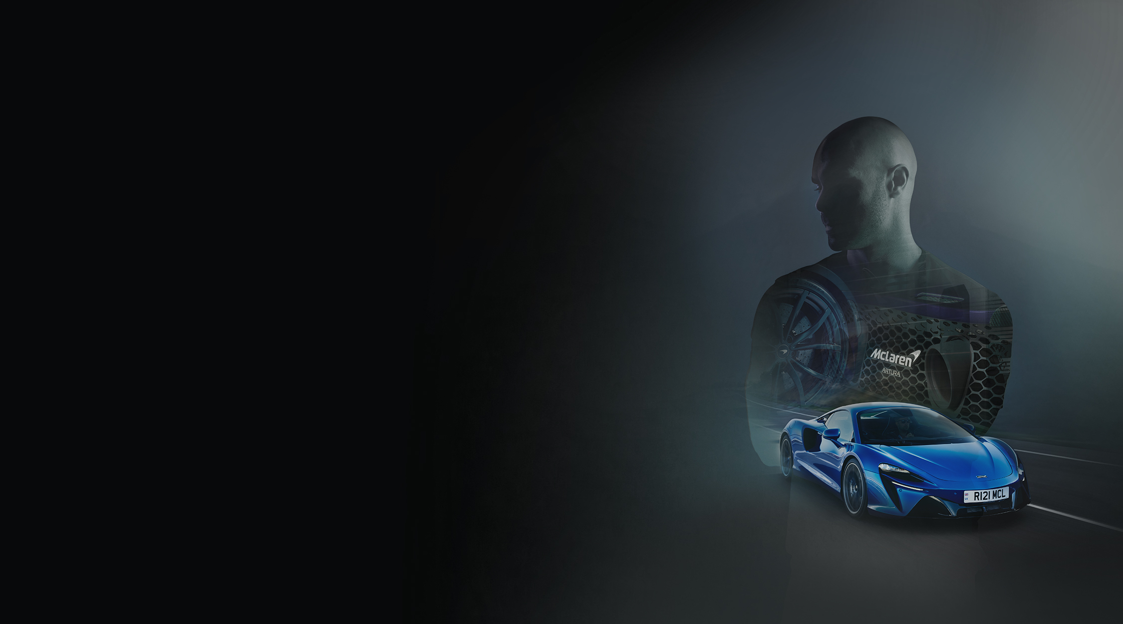 A conceptual hero image combining a driver's portrait with the McLaren Artura, highlighting the benefits of the plug-in hybrid system.