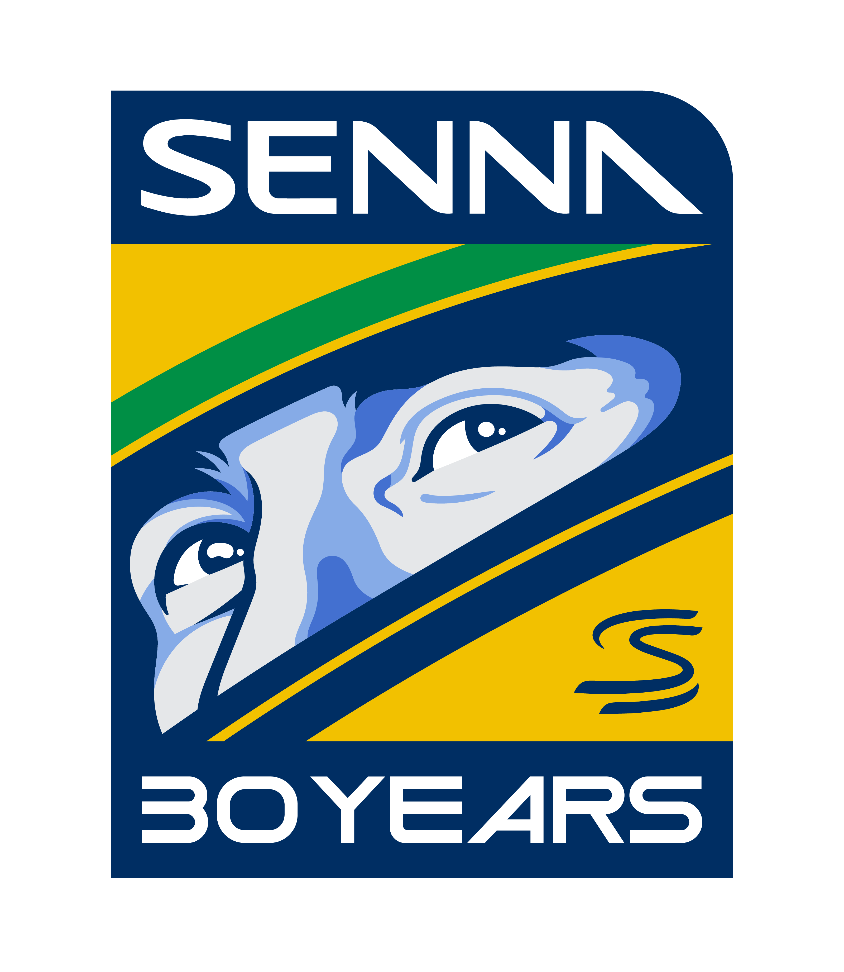 A graphic showing an illustration of Ayrton Senna's eyes looking out through his raised helmet visor. Surrounded by text which reads 'SENNA 30 YEARS'.