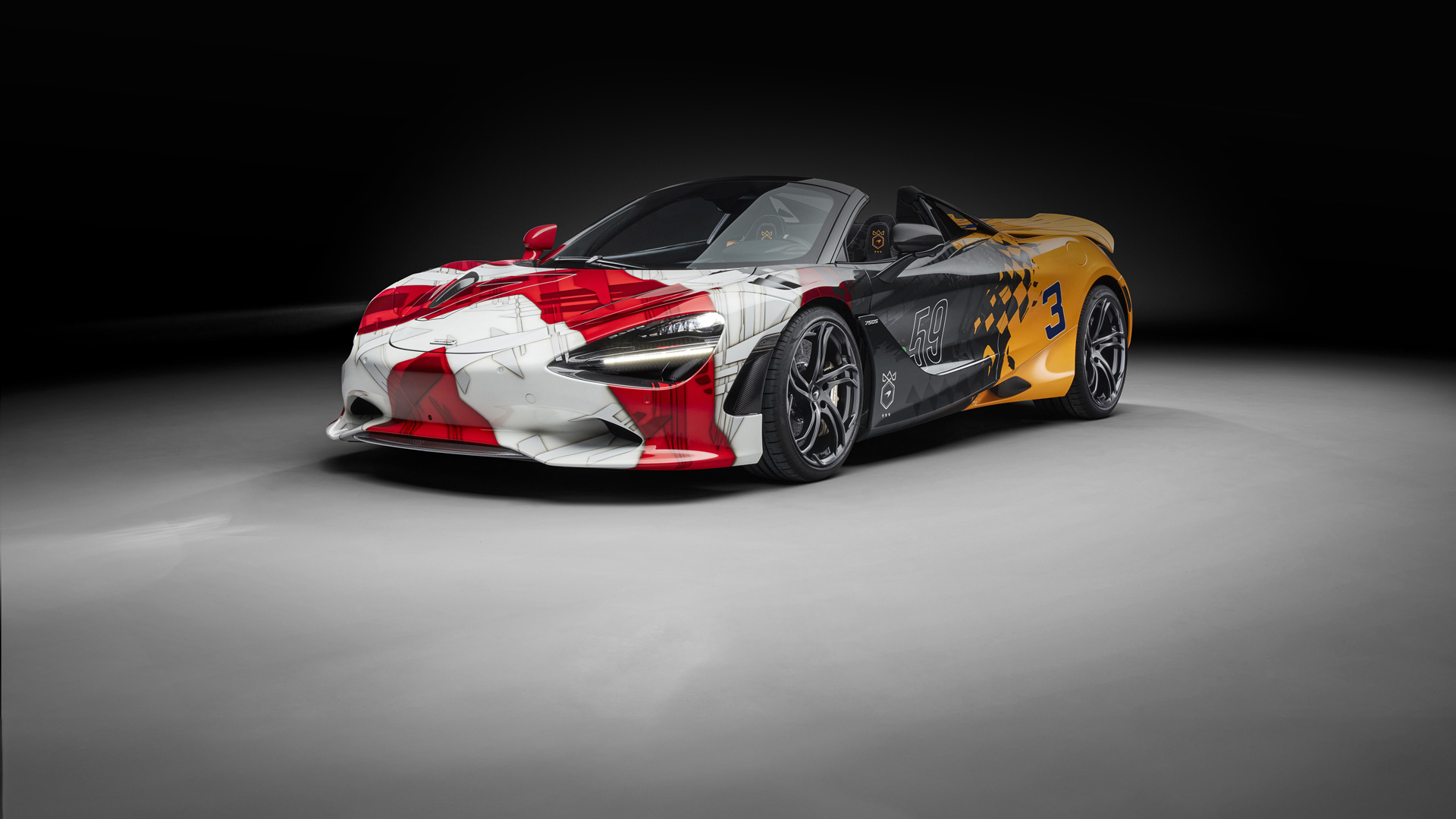 Front drivers side view of McLaren 750s with 3-7-59 Theme.