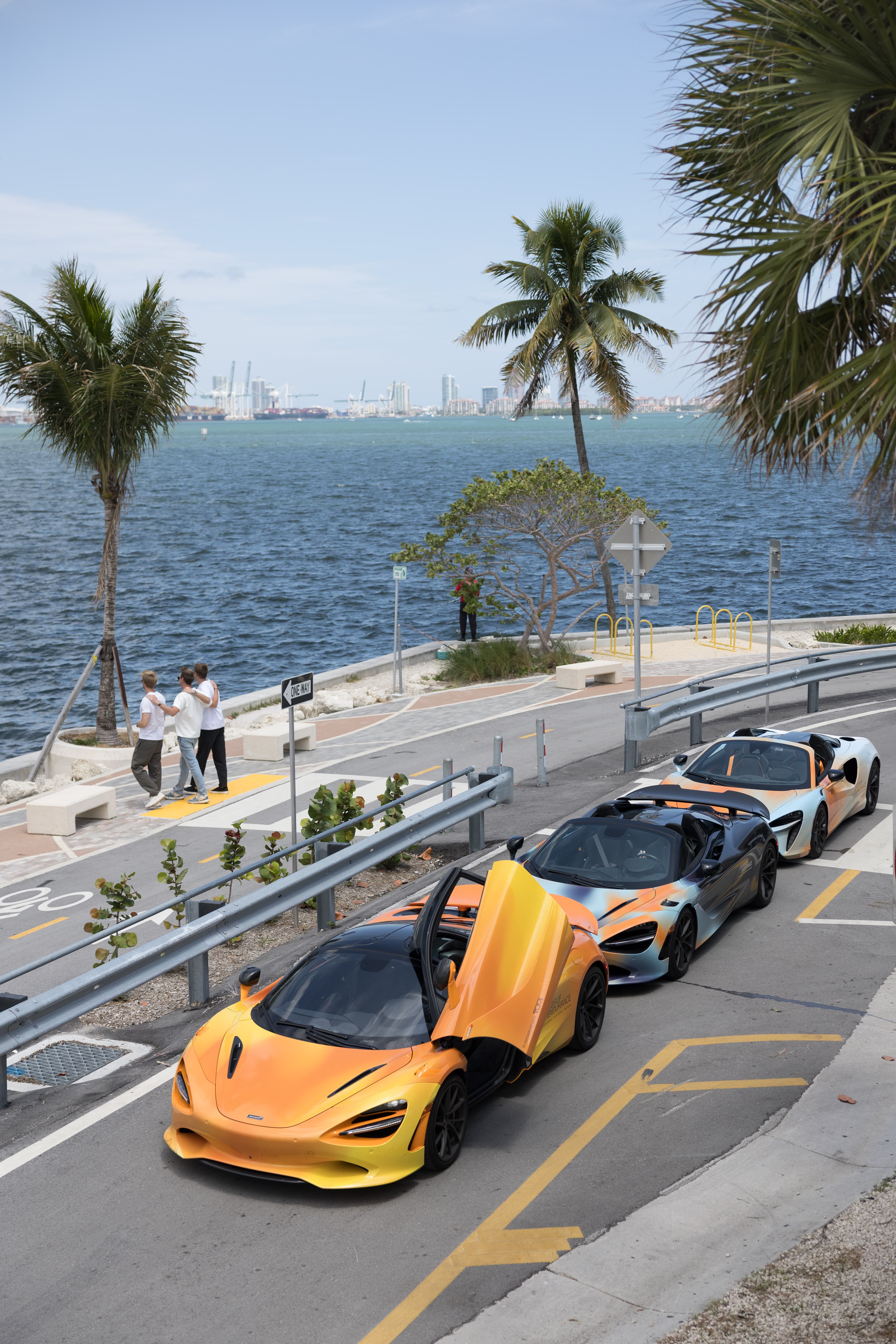 The States of Endurance team looking out at the ocean, with their cars parked behind them on the roadside. A scene from Day 11 of the 'McLaren States of Endurance' road trip.