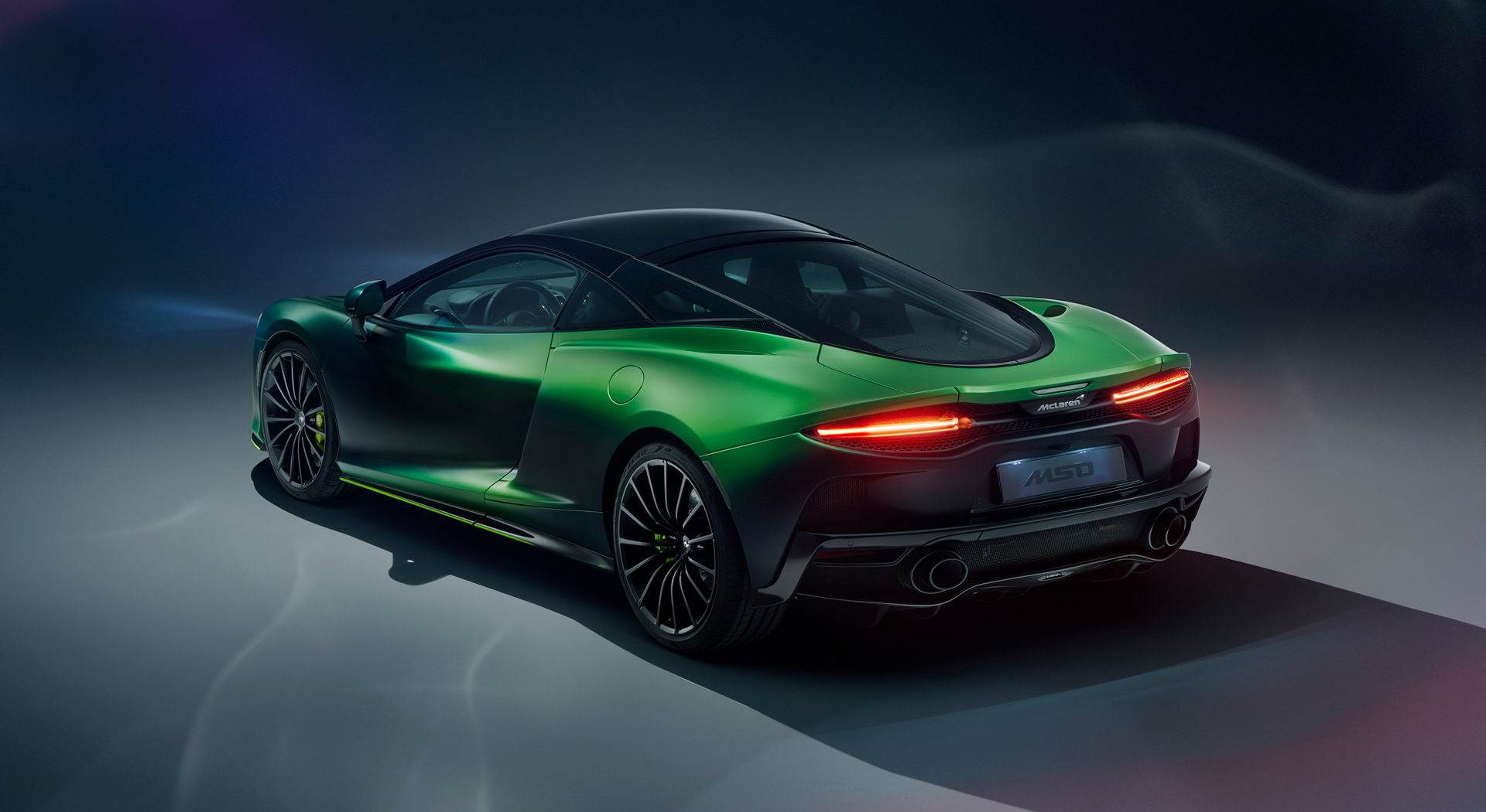 Rear drivers side view of McLaren Verdant theme GT.