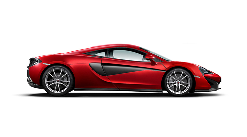 Side view of a red McLaren 570S, shown on a white background.