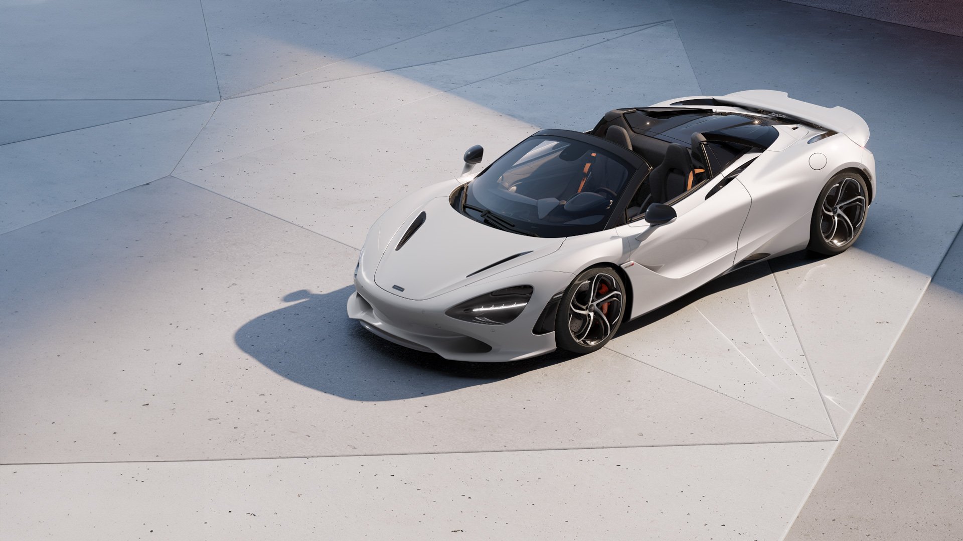McLaren 750S Spider convertible in white paint, shown parked outdoors in geometric architectural lighting. The luxury open-top supercar features black and orange interior accents, highlighting performance and convertible dynamics.