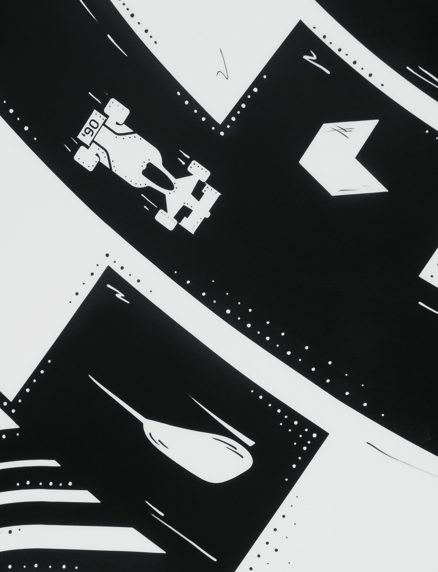 Detail of the Project Viva livery featuring a stylized, black-and-white illustration of a Formula 1 car, symbolizing McLaren's racing heritage within the MSO art car design.