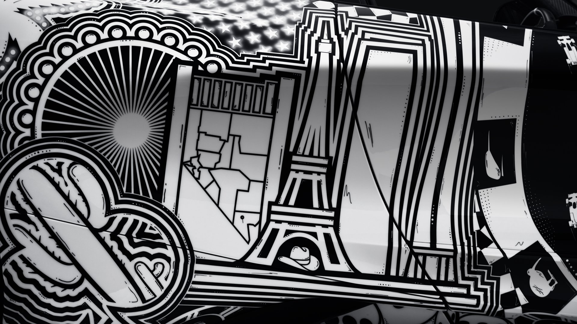 Detailed section of the MSO Project Viva hand-painted livery featuring stylized illustrations of Las Vegas landmarks, including the Paris Eiffel Tower replica and casino chips.