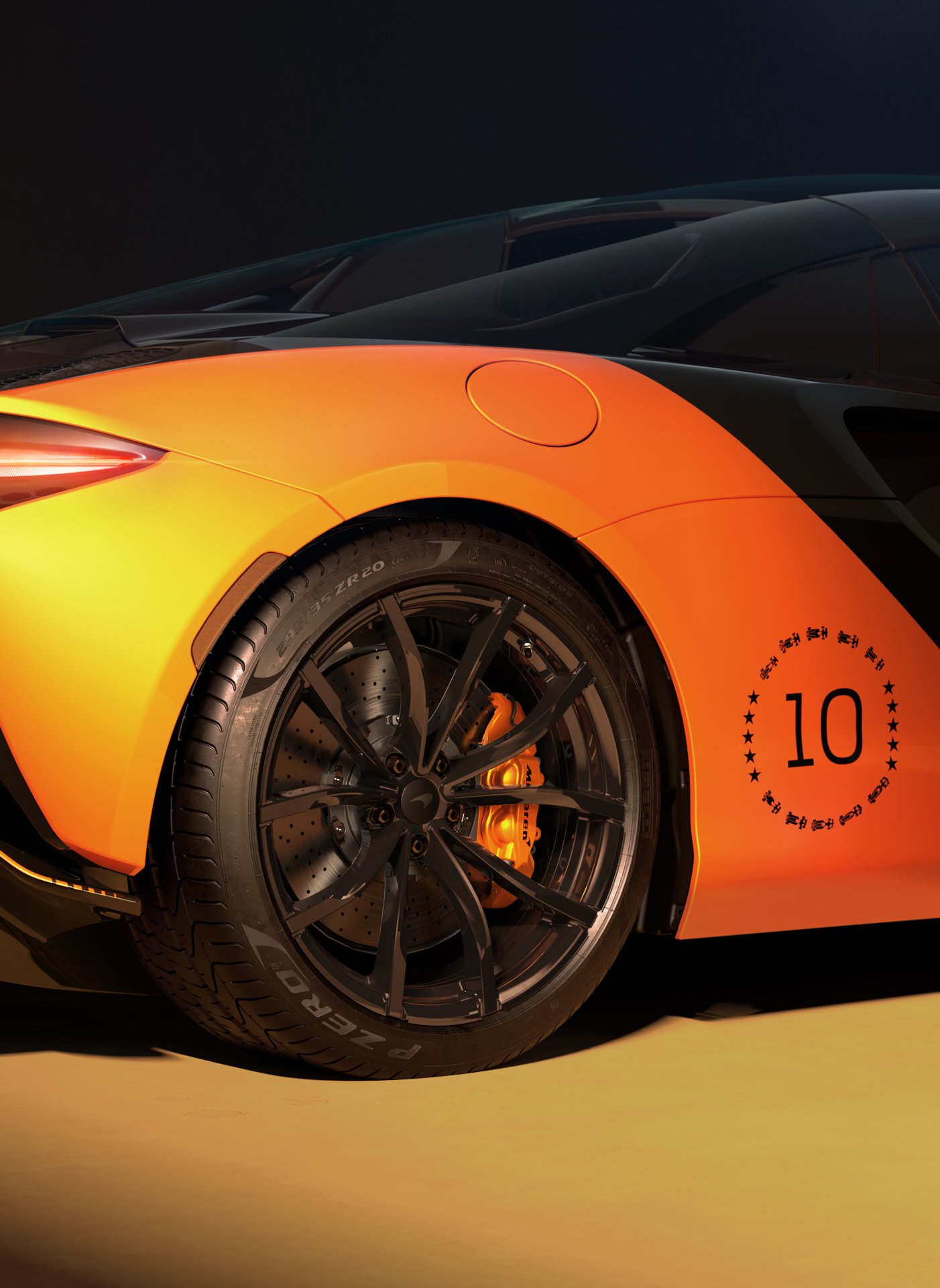 The MCL39 Celebration Edition Artura Spider rear wheel and 10 year emblem.
