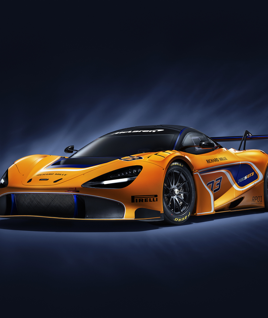 Front view of McLaren Racing 720S GT3 photographed on a dark studio background.