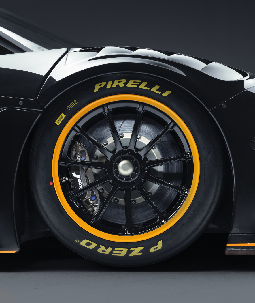 Close up of a Pirelli racing wheel on a McLaren 720S GT3X.