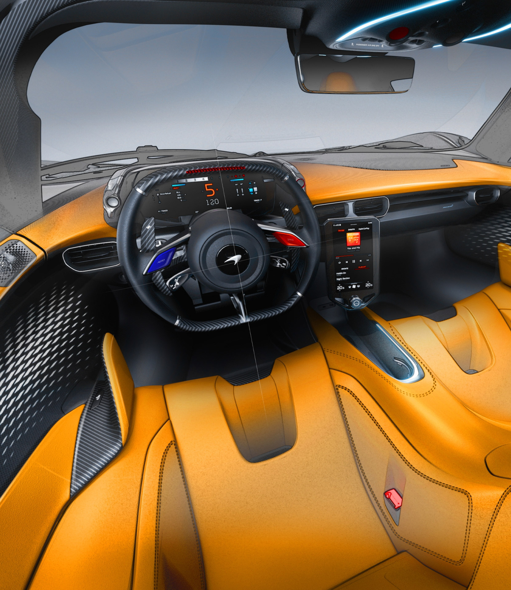 A conceptual rendering of a McLaren interior, blending sketch lines with realistic orange leather and digital displays, highlighting the steering wheel and central console.